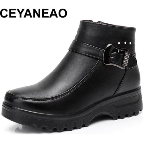 CEYANEAOFashion Wool Winter Women Genuine Leather Ankle Boots Female Thick Plush Warm Snow Boots Mother Waterproof Non slip Shoe