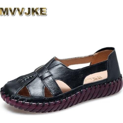 MVVJKEGenuine Leather Women Flats Hollow Woman Shoes Summer Womens Loafers Breathable Beach Female Sandals Big Size 35-42 Women