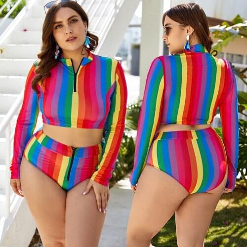 PLUS SIZE Rainbow Stripe Split Swimsuit High Waist Slimming Zipper Long Sleeve Two-Piece Swimsuit