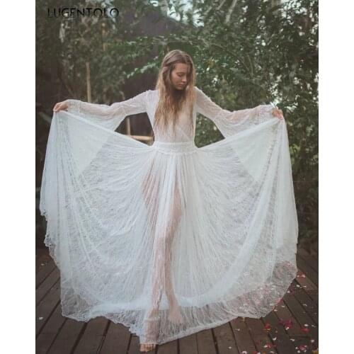 Party Sexy Dress Women Lace Perspective White Backless Dresses Lady Long Sleeve V-neck Big Swing Elegant Long Dress Lugentolo