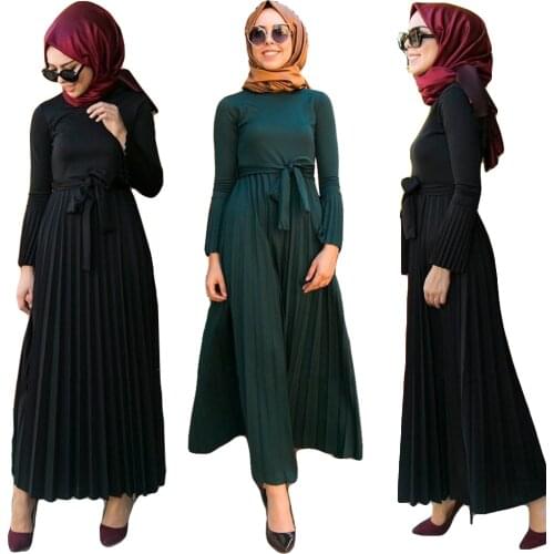 Dubai Women Muslim Long Flare Sleeve Maxi Dress Vintage Jilbab Islamic Pleated Kaftan Ramadan Casual Turkey Dresses Robe Gown