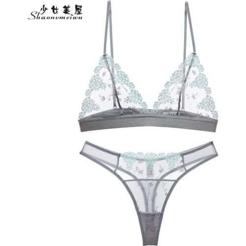 Shaonvmeiwu Sexy embroidery lace transparent underwear womens ultra-thin undergarment without steel ring perspective t-string b