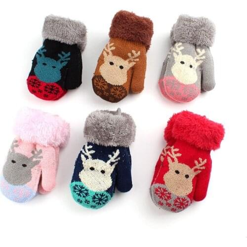 Winter Childrens Gloves Cute Christmas Elk Outdoor Anti-Scratch for Kids Double Layer Knitted Gloves for Girls Boys Protection