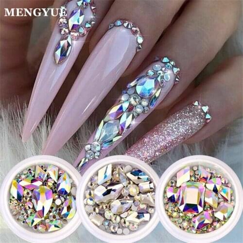 1 Box Glitter 3D Rhinestones AB Flat Back Shiny Stones Nail Art Decorations Mixed Size Nail Gems Crystal Strass Accessories