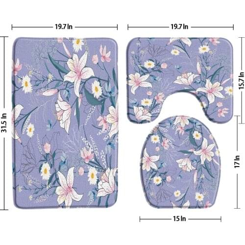 Pink Flowers Blue Background Anti-slip Bath Mat 3pcs Set For Bathroom Toilet Cover Rug U-Shaped Pad Carpet Bathroom Product