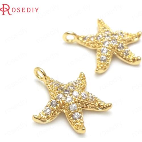 36943)6PCS 15x13MM 24K Gold Color Brass and Zircon Starfish Charms Pendants High Quality Diy Jewelry Findings Accessories