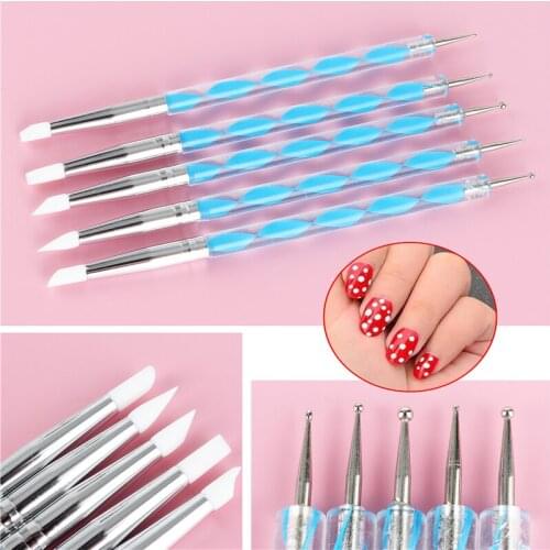 5Pcs Nail Art Dotting Tools Double Head Silicone Pen 2 Way Brush Salon Decoration Manicure Pen Kit Nail Art Tools