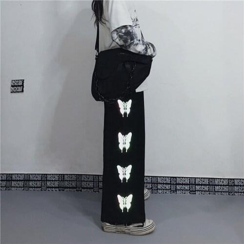 Punk Butterfly Trousers Cool Autumn Men Sweatpants Hip Hop Streetwear Male Straight Pants Funny Japan Black Reflective Pants
