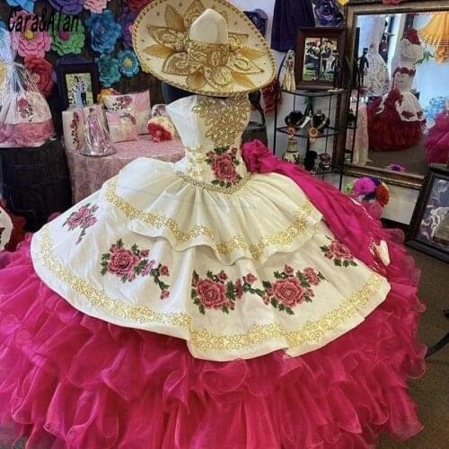 Charro Quinceanera Dresses Bodice Medallions 3D Floral Applique Embroidery Tiered Skirt Ball Gown Prom Dress Vestidos De 15 Anos