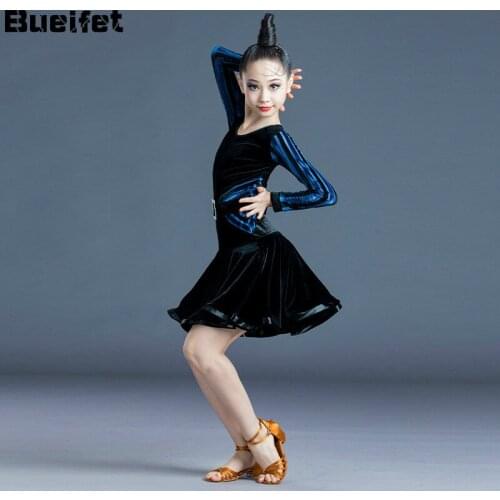 Childrens Latin Dance Dress for Girls Cha Cha Rumba Samba Ballrom Dancing Long Sleeve Velvet Competition Standard Dance Dress