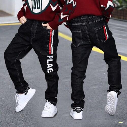 2019 Spring Autumn Children Jean Pants Teen Boys Denim Trousers Casual Letter Cotton Pencil Pants Leggings Boy Dark Jeans 3 9 Y