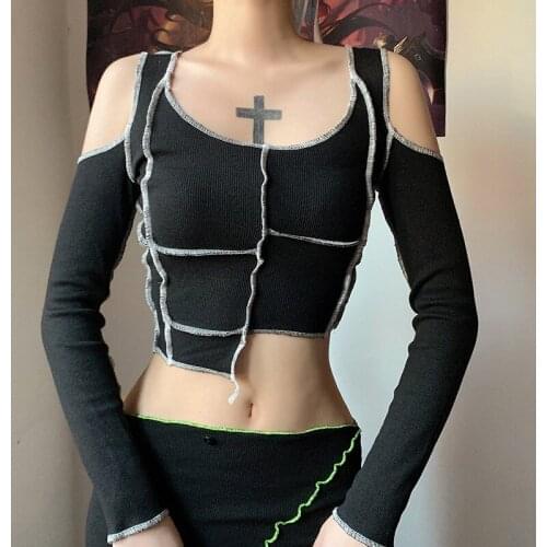 Dark Patchwork Gothic T-shirts E-girl Hollow Out Sleeve Punk Style Autumn Crop Tee Slim Fashion Streetwear Autumn Women Top