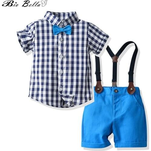 Boy Suits Summer Toddler Kids Boys Clothes Set Plaid Short Sleeve Shirt+Bibs Pant 2PCS Outfits Sets Child Boy Clothing