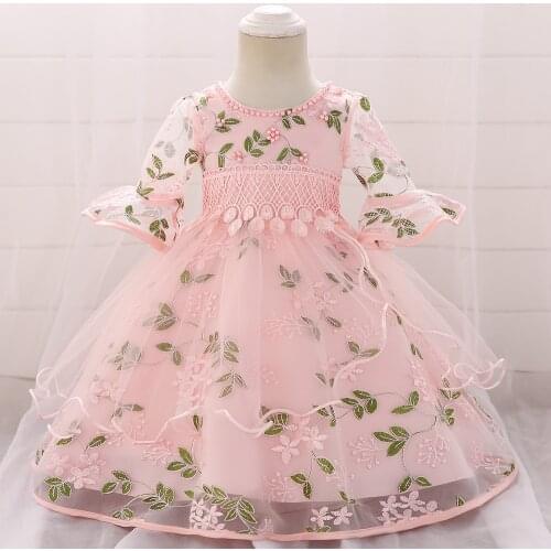 Lace Embroidery Long Sleeve Princess Floral Toddler Beading Party Children Baptism Baby Girl Clothes Summer Dresses Vestidos