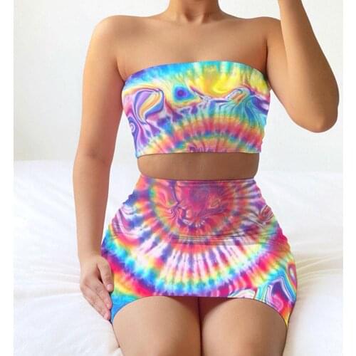 Summer Women Sexy Tie Dye Swirl Print Bandeau Tube Top and Skirt Co-ord Set 2 Piece Sets Matching Set Party Off Shoulder Outfits