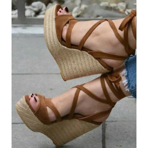 Fashion Woman Rope Braided Wedge Heels Platform Sandals Shoes Summer Peep Toe Crosstie Gladiator Beach Vacation Sandals