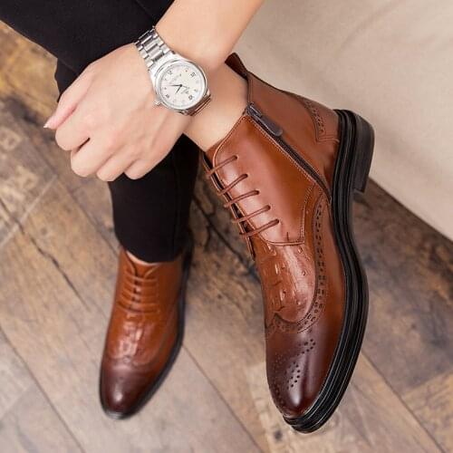 Business Chelsea Boots Mens Winter Ankle Boots Men Leather Zipper Side Thick Artificial Fur Snow Boots Men Winter Dress Shoes