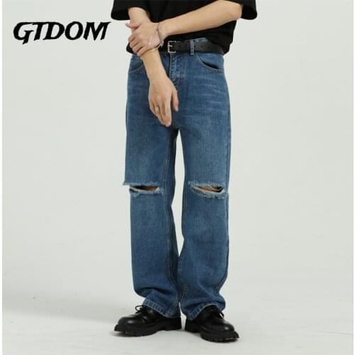 GTDOM Men Spring Jeans Straight pants 2021 New Casual Loose Denim Blue Button Fly Pockets Men Hole Long Jeans