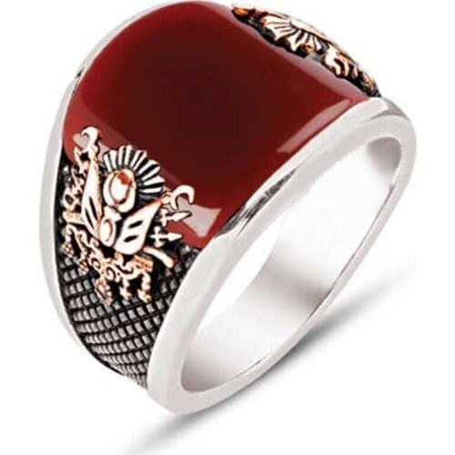 Custom Cut Agate Stone Ottoman Crested Silver Men 'S Ring