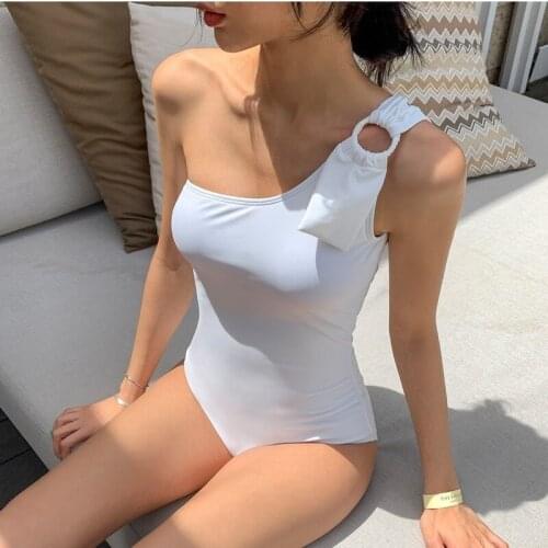 2021 new oblique shoulder one-piece swimsuit women ins style Korean hot spring swimsuit bikini bikini