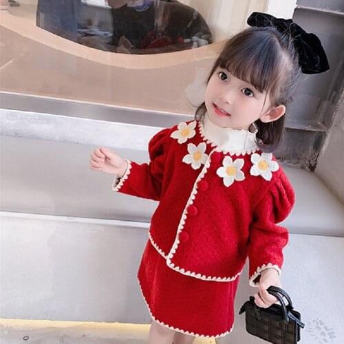 2021 Autumn And Winter Clothes New Childrens Clothing Girls Suit Small Fragrant Wind Wool Pull Frame Flower Coat And Skirt