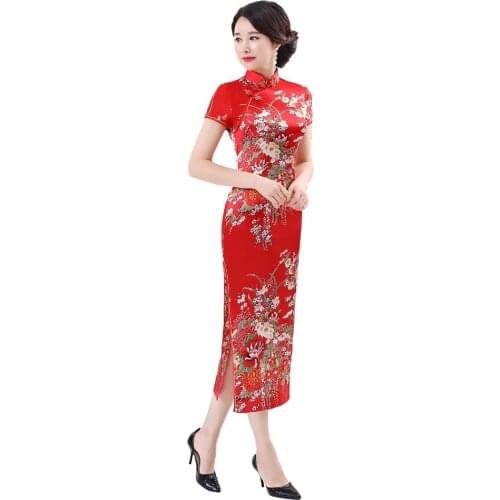 Shanghai Story Long Qipao Satin Cheongsam Chinese Traditional Dress Short Sleeve Faux Silk long Chinese Dress