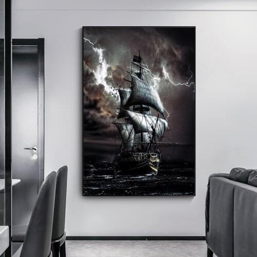 Pirate Ship Drifting At Sea Canvas Painting Vintage Black Sailing Poster Ship Wall Picture Living Room Decoration Quadro