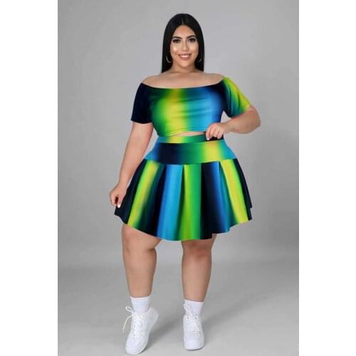 RStylish Plus Size Women Clothing Sexy Gradient Print Off Shoulder Crop Top Pleated Skirt 2021 Summer 2 Piece Set
