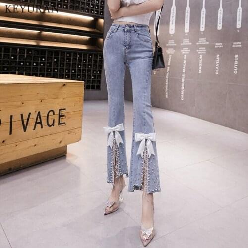 Beaded Diamond Jeans Womens Split Cropped High Waist Jeans 2021 Spring Summer New Slim Tassel Bow Flared Denim Pants Female