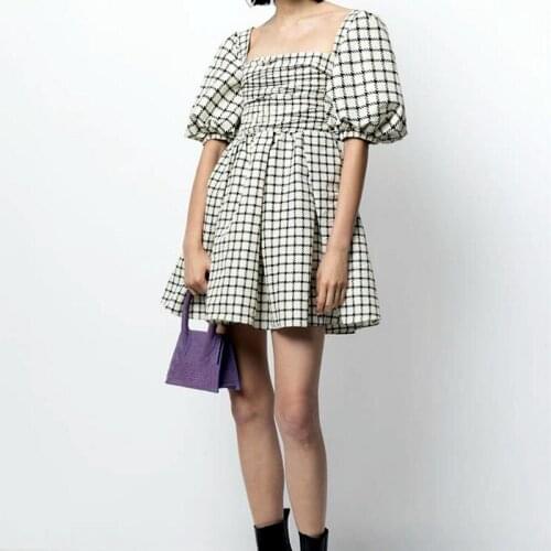 2021 Summer New Style Check Printed Women Mini Dress Squared Collor Short Puff Sleeve Back Smocked Lady Dress