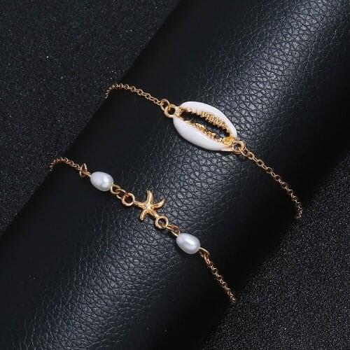 2Pcs/Set Simple Metal shell Anklets Summer Beach Female Jewelry 2019 New Imitation pearls starfish Charm Foot Bracelets