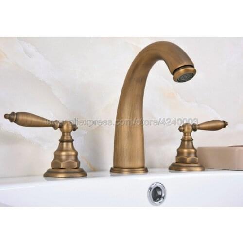 Antique Brass 8" Deck Mounted Two Handles Widespread Bathroom Sink Mixer Tap Bath Tub Faucet 3 Holes Bath Basin Faucet Kan076