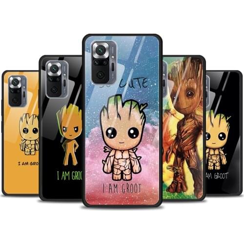 Marvel Groot Art for Xiaomi Redmi Note 10 Pro Max 10S 9T 9S 9 8T 8 7 Pro 5G Luxury Tempered Glass Phone Case Cover