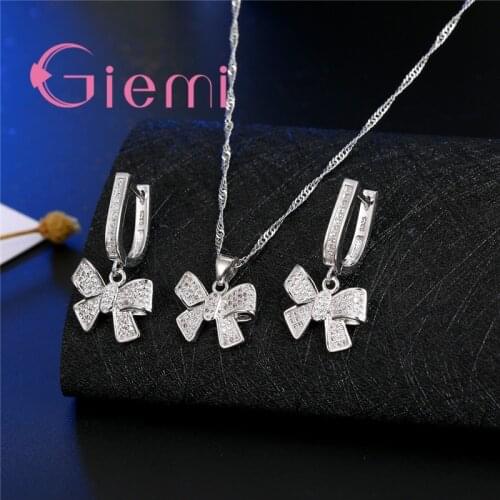 Pure 925 Sterling Silver Hot Sale Cubic Zirconia Crystal BowKnot Necklaces For Woman Fine Jewelry Party Earrings Set Gifts