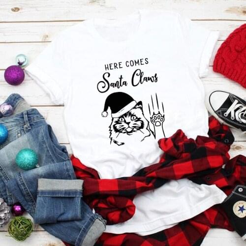 Here Comes Santa Claws T-shirt Funny Xmas Vacation Gift Tshirt For Cat Mom Sarcastic Women Graphic Christmas Holiday Tops Tees