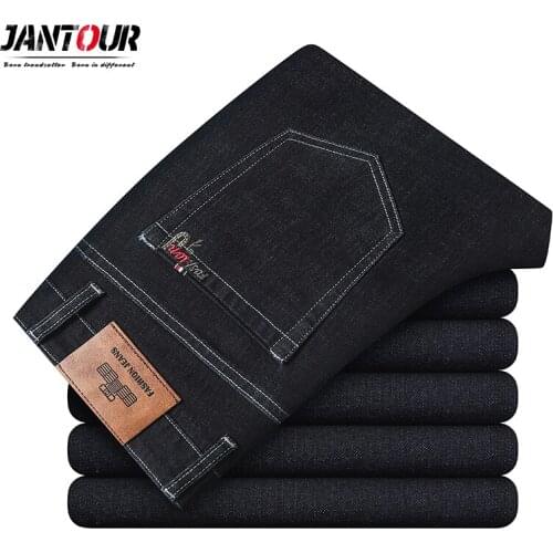 Jantour 2021 New Mens Fashion Jeans Business Casual Long Straight Pants Winter Thick Male Black Blue Big Size 35 42