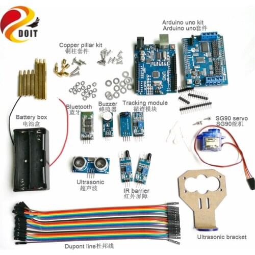 1 Set Bluetooth Control Kit with Arduino UNO R3 Board+Motor Drive Shield Board+Ultrasonic Sensor for Tracking Obstacle DIY