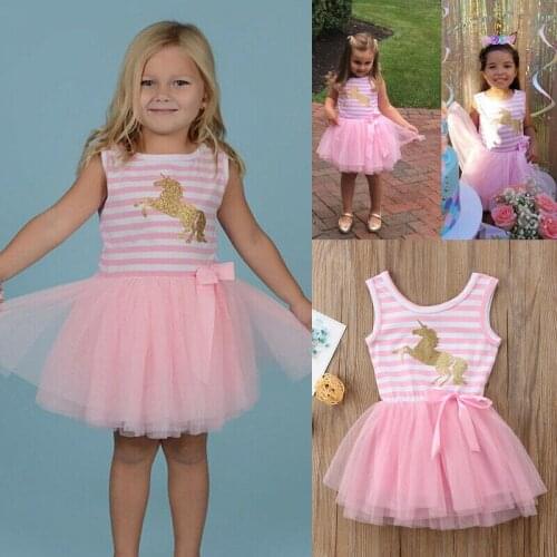 Summer Toddler Baby Girl Clothes Stripe Princess Party Dress Unicorn Sundress