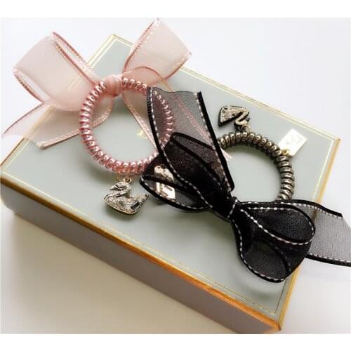 Fashion Swan Lace Bow Elastic Hair bands Ponytail HairBand Rope Hair Clips Cute Women Rhinestone Headwear Hair Accessories