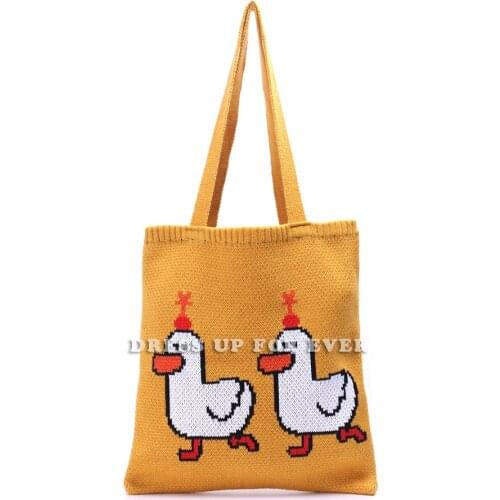 Cartoon Crochet Woolen Shoulder Bag Simple Canvas Handbag Tote Large Capacity Embroidery Shopping Bag Cute Book Bags For Girls