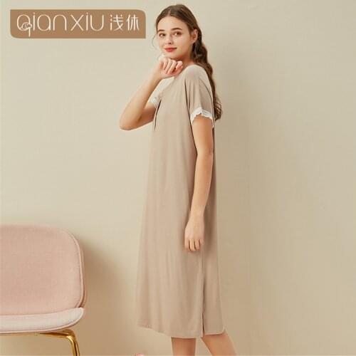 New Summer Nightdress Women Bamboo Fiber Short Sleeve Breathable Nightgown Homewear Ladies Lace Splice Sleepwear Sleepdress