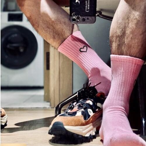 Fashion Pink Black White Letter Heart-shaped Unique Design Socks Sexy Gay Men Nylon Sports Long Tube Football Socks Comfortable