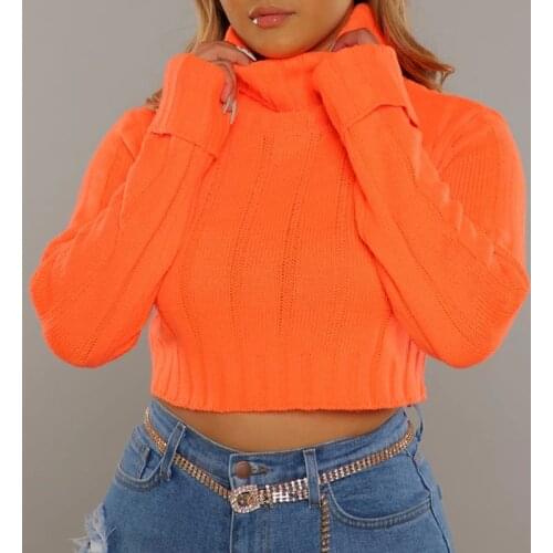 Pure Color Turtleneck Sweater Womens 2021 New Autumn and Winter Clothes Neon Orange Fashion Sexy Knitted Pullover Sweater
