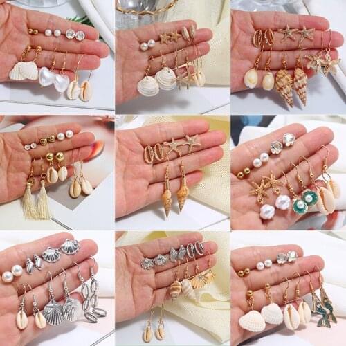 24 Style Classic Women Earrings Heart Shell Scallop Pearl Starfish Mermaid Conch Fringe Gold Earring Set Wedding Party Jewelry