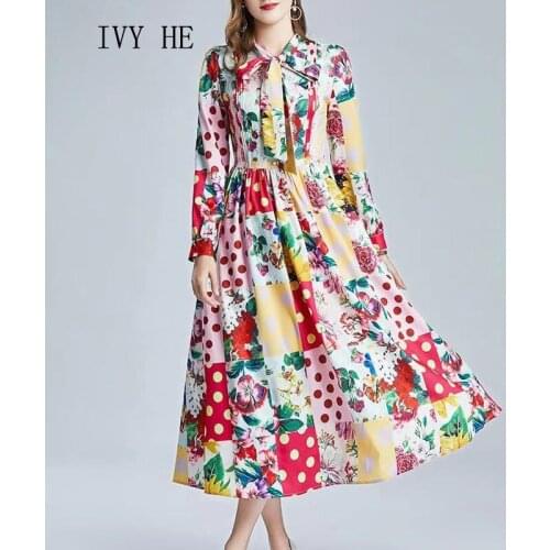 IVY HE High Quality Autumn Dress Woman Clothing Dazzling patchwork print long sleeves Midi Long Vintage Party Dresses Traf ZAfu