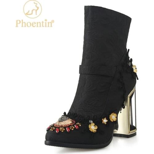 Phoentin Ethnic style embroidered short boots Womens Crystal Ankle boot Autumn winter luxury High Heels Shoes size 43 FT1671
