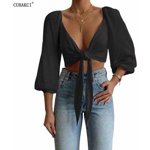 CUHAKCI Women Shirts Long Sleeve Deep V Neck Bandage Tie Up Knot Flared Fashion Wrap Crop Tops Blouses Cotton Linen Streetwear