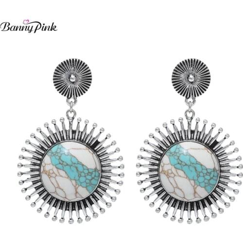 Banny Pink Ethnic Turquoises Earrings For Women Vintage Round Stone Chandelier Stud Earring Boho Metal Sky Wheel Pendant Earring