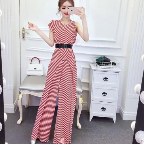 2021 Summer New Women Fashion Temperament Stripes Irregular High Waist Waisted Thin Casual Loose Wide-leg Trousers Jumpsuit Y656