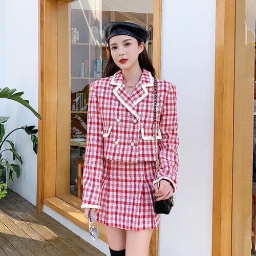 2021 Autumn Winter Women Double-Breasted Tweed Short Jacket Coat + Mini Skirt Suit 2PCS Clothing Set Red Plaid Suit